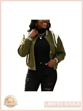 Womens Cropped Bomber Varsity Jacket Button Down Long Sleeve